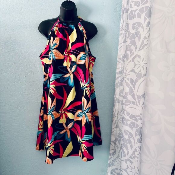 Unbranded Hot Pink Multicolored Tropical Floral Print High Neck Dress Size 2XL - Picture 1 of 11
